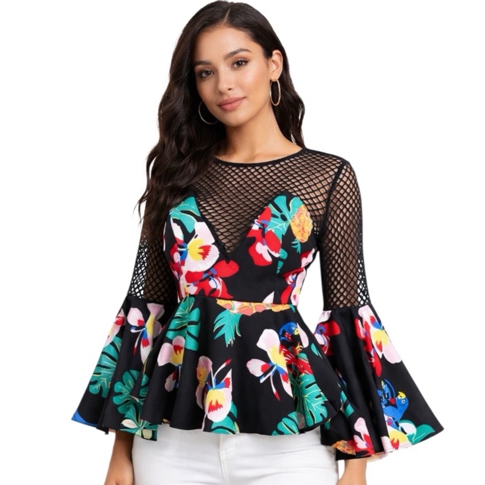 Floral Colorful Mesh Peplum Top